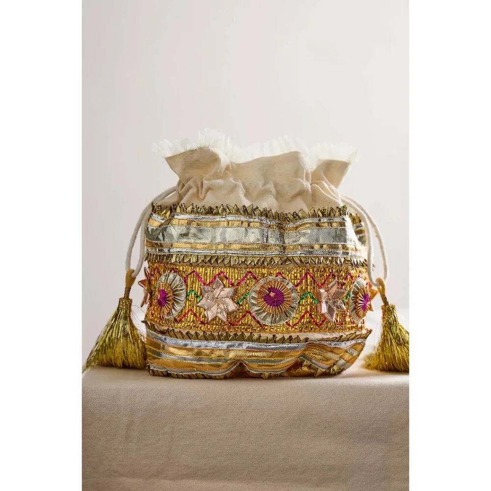 Free People Seasons Sparkle Mini Gift Sack Gold NWT Festive Holiday Christmas